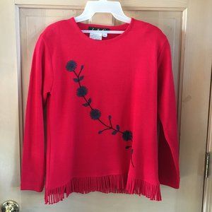 Red Wool Blend Sweater from IKC with Black Flowers and Fringe - Size PL